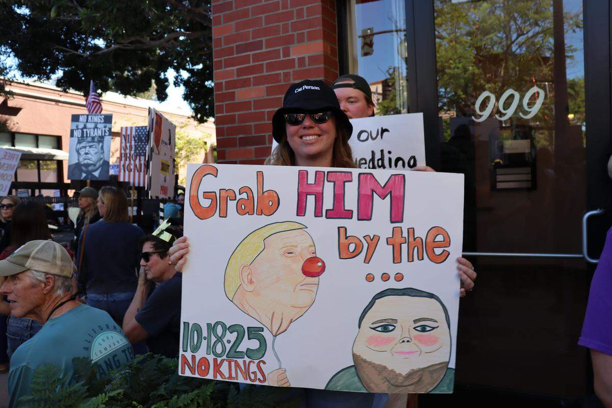Thousands of people attended the No Kings rally in downtown San Luis Obispo to protest the Trump administration and support Prop. 50 on Oct. 18, 2025.