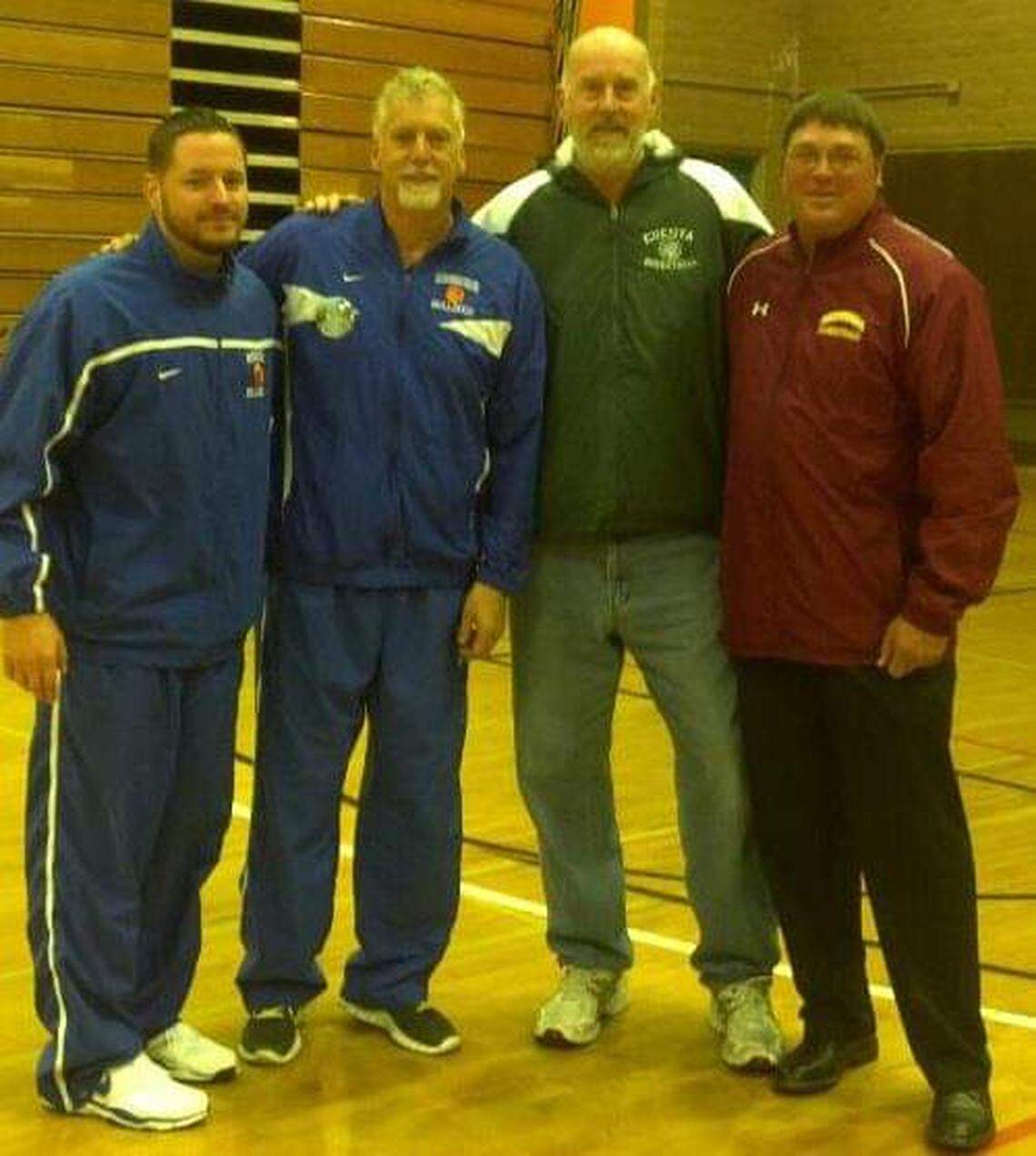 From left, Vince Conde, Ralph Gorton, Rusty Blair and Justin Mora pose for a photo. The four helped define the legacy of Cuesta College men’s basketball.