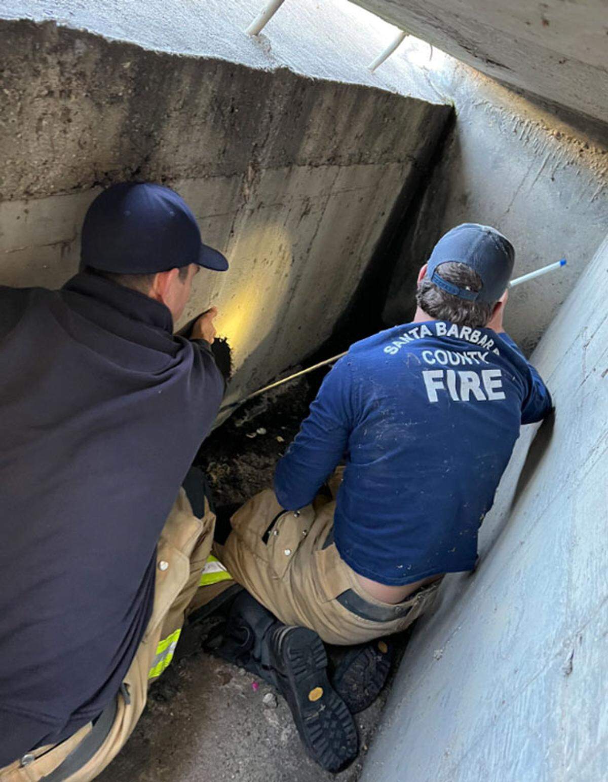 Santa Barbara County firefighters rescue a duckling out of a storm drain on Mother’s Day in Orcutt.