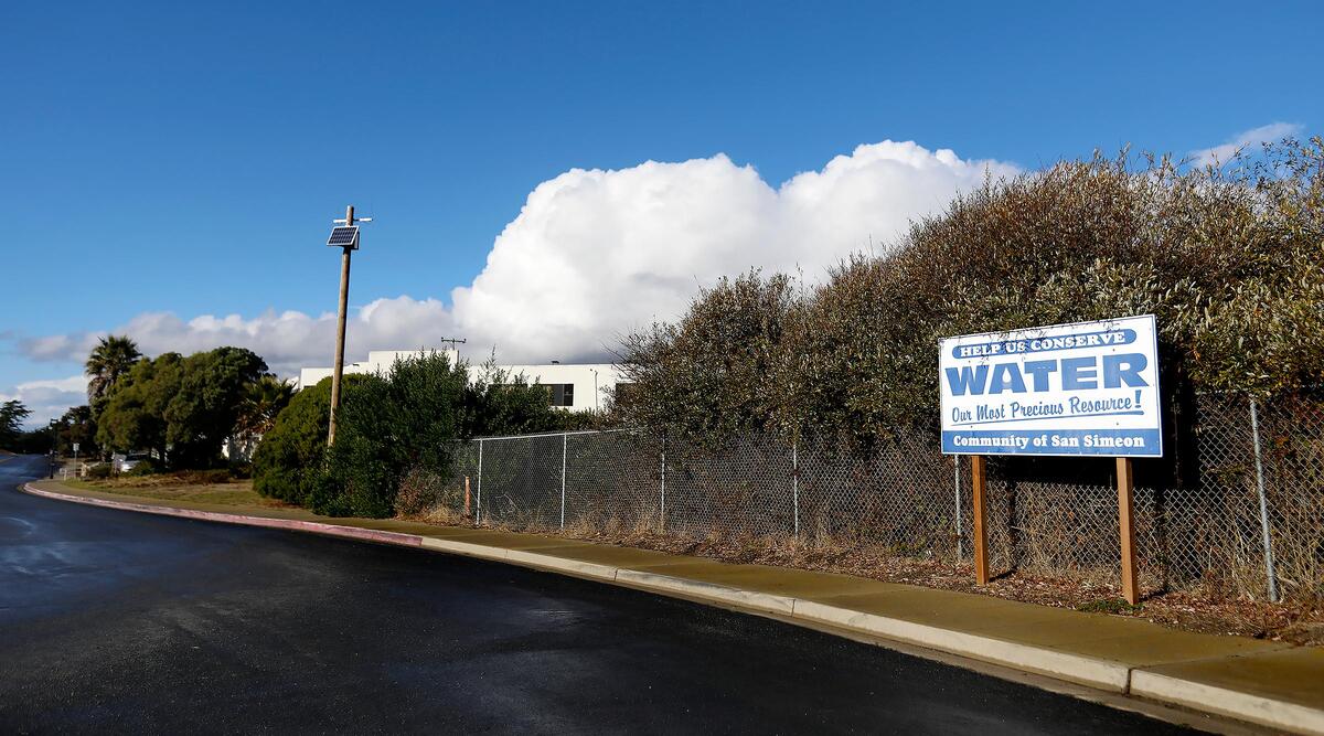 A sign urges water conservation in San Simeon in December 2019.