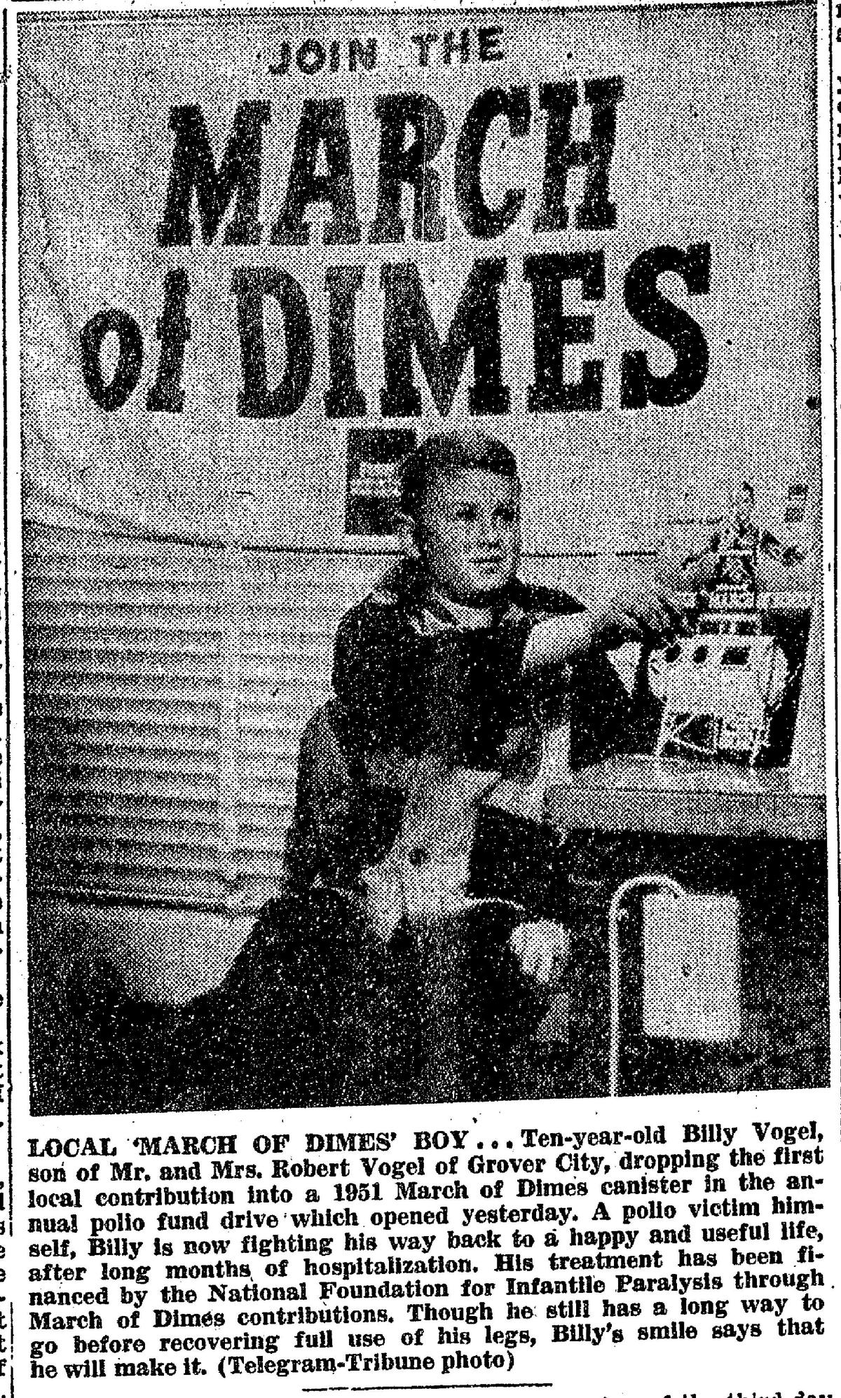 Ten-year-old Billy Vogel, son of Mr. and Mrs. Robert Vogel of Grover City dropping the first local contribution into a 1951 March of Dimes canister in the annual polio fund drive.