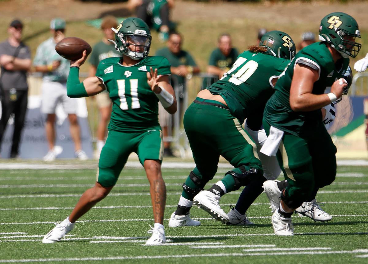 Cal Poly quarterback Jaden Jones looks to pass in the Mustangs’ 28-27 comeback win over the University of San Diego at Alex G. Spanos Stadium in San Luis Obispo on Saturday, Sept. 10, 2022. Jones had four touchdowns in the win.