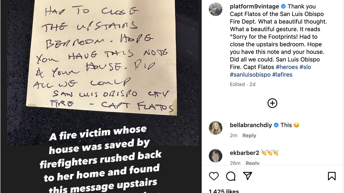 A viral post thanks San Luis Obispo City Fire Department Capt. ALec Flatos for his work saving a house and putting up a kind note as he responded to the Palisades Fire in Los Angeles on Jan. 12, 2024. This screenshot was taken Jan. 14, 2024.