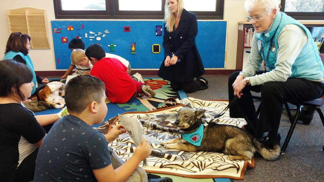 Roberta Vitols' dog Emil gets plenty of attention from kids at the Cambrian Library.