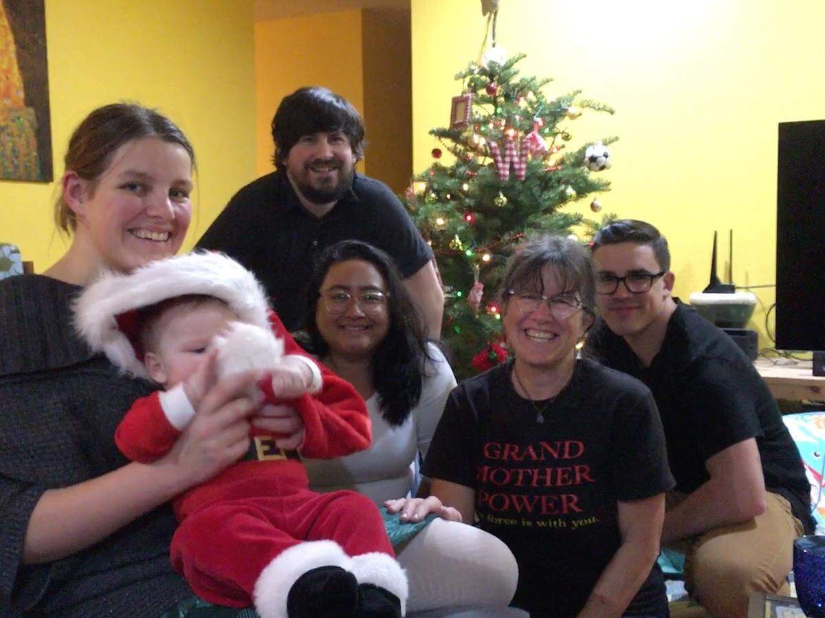Christmas time in Portland: Anke, Arlo and Miles Woodsmall, Kacie Tolentino, Dianne Brooke and Zachary Brooke enjoying a family reunion for Christmas.