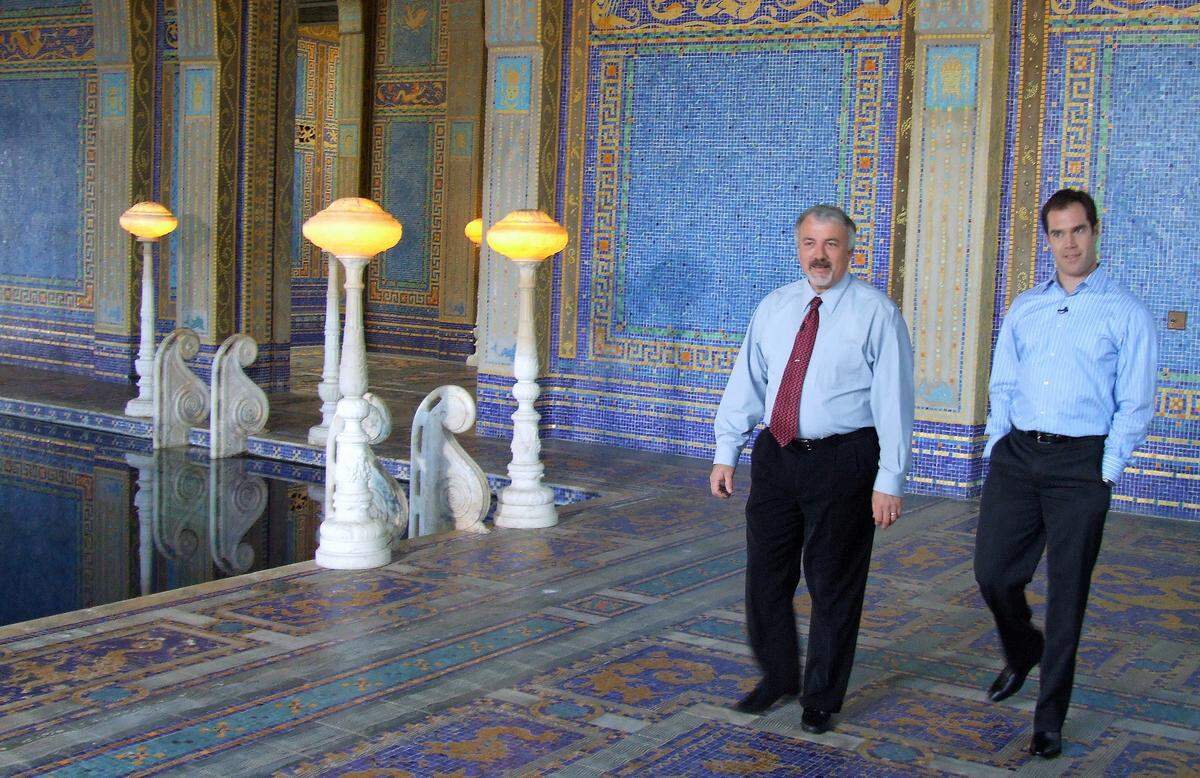 In 2007, Hoyt Fields, Hearst Castle’s museum director at left, took NBC’s Peter Alexander on a tour of the state historical monument during the taping of a “Today” show segment. Here, they’re walking around the perimeter of the indoor Roman Pool.