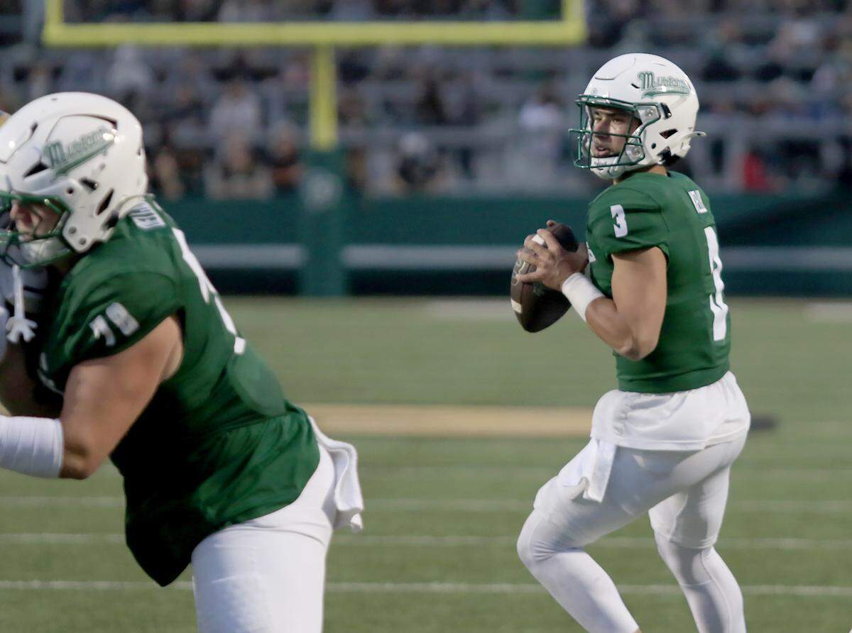 Quarterback Bo Kelly looks to pass. Cal Poly fell to Montana State 34-17 in a college football game at Mustang Memorial Field on Oct. 25, 2025.