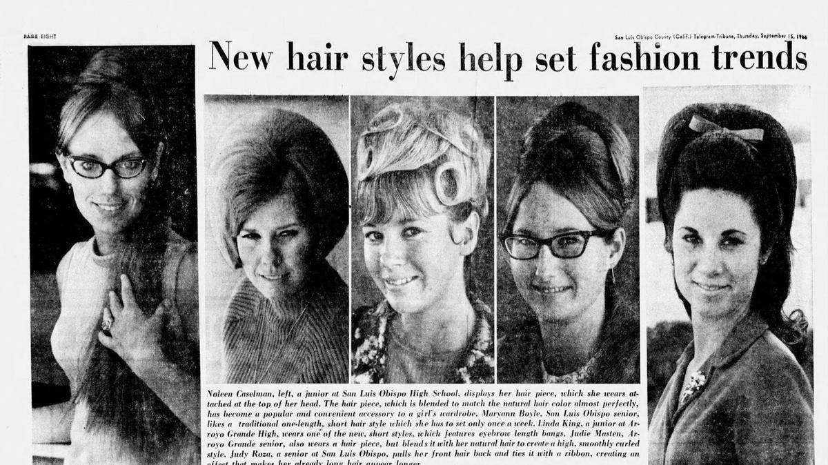 Noleen Caselman, left, a junior and San Luis Obispo High School, displays her hair piece, which she wears attached at the top of her head. The hair piece which is blended to match the natural hair color almost perfectly, has become a popular and convenient accessory to a girl’s wardrobe. Maryann Boyle, San Luis Obispo senior likes a traditional one-length, short hair style which she has to set only once a week. Linda King, a junior at Arroyo Grande High wears one of the new short styles, which features eyebrow length bangs. Judie Masten, Arroyo Grande senior, also wears a hair piece, but blends it with her natural hair to create a high, smoothly curled style. Judy Rosa, a senior at San Luis Obispo, pulls her front hair back and ties it with a ribbon, creating an effect that makes her already long hair appear longer.