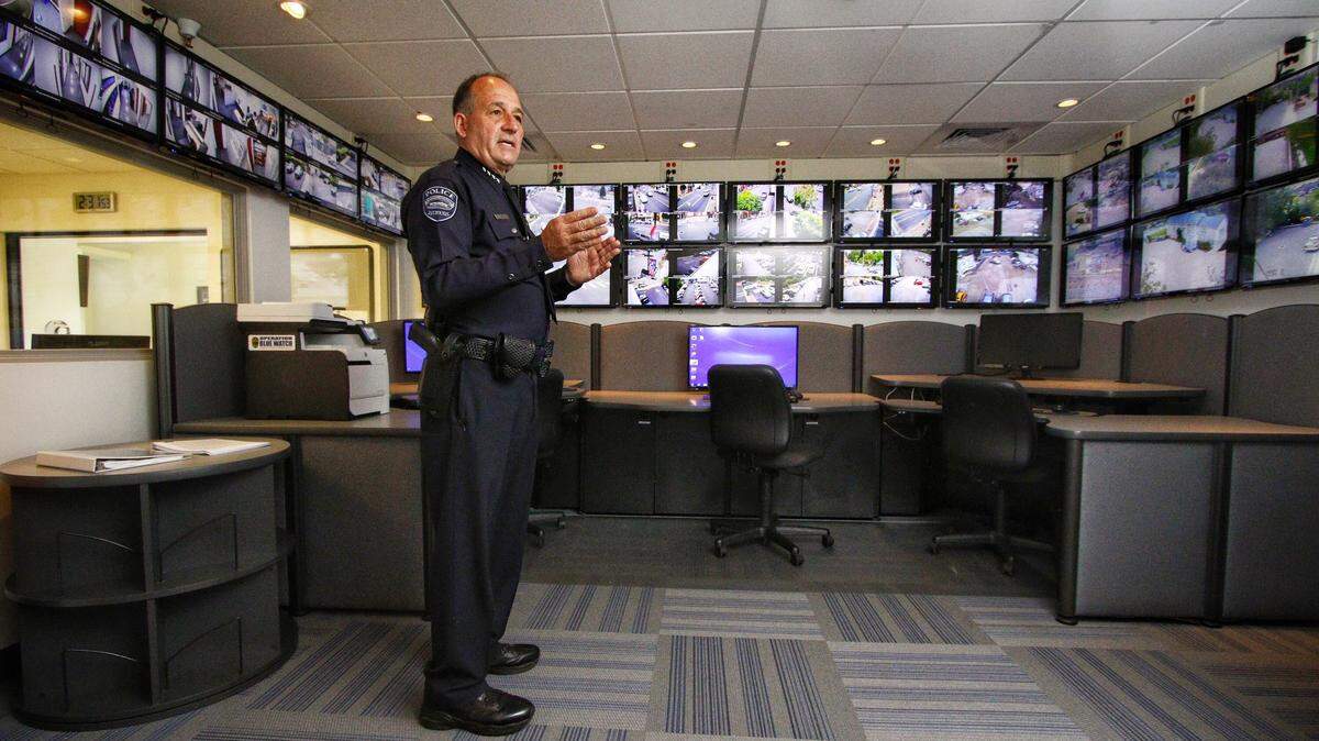 Arroyo Grande police Chief Steve Annibali in the station's new surveillance room.