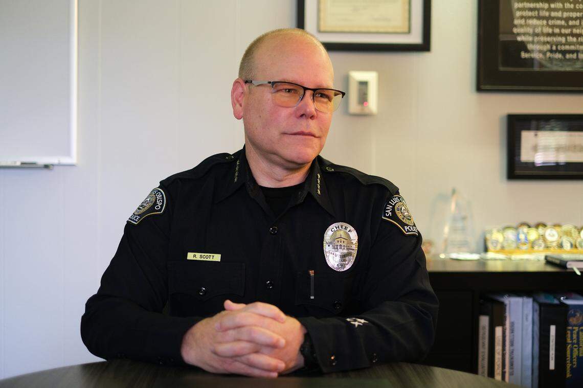 San Luis Obispo Police Chief Rick Scott speaks in his San Luis Obispo office on March 28, 2024.