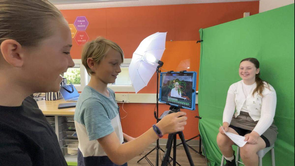 From left to right, Jillian Stewart, Dax Pryor and Clara Walters, each fifth graders at Sinsheimer Elementary School in San Luis Obispo, show how they create videos with graphics and animations in the iINNOVATE Lab.