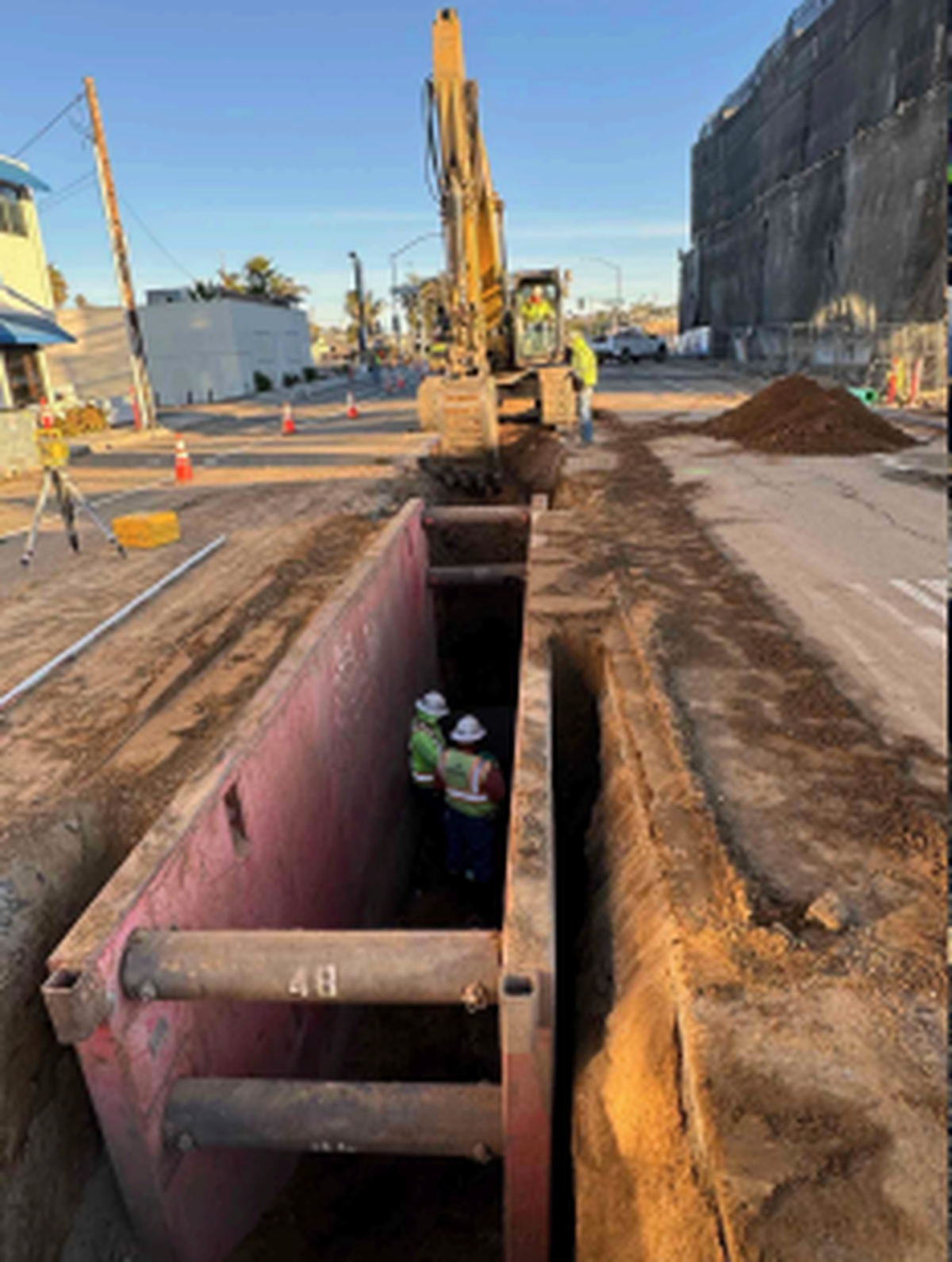 Construction workers make upgrades to a sewer main in Grover Beach.