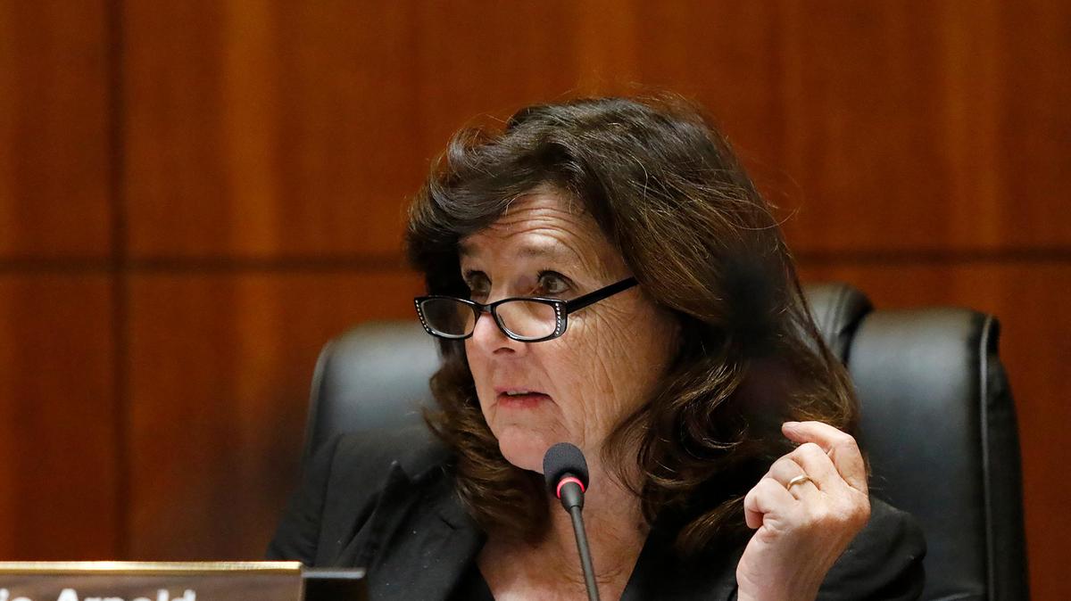 Supervisor Debbie Arnold asks Elaina Cano directs a question to Santa Barbara County election division manager Elaina Cano as the San Luis Obispo Board of Supervisors interviewed two finalists on Tuesday, Oct. 12, 2021. The board selected Cano for the interim post.
