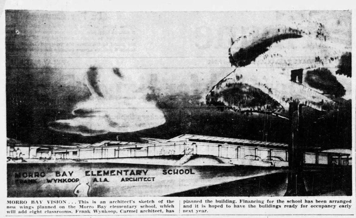 Morro Elementary School architect’s sketch for the Frank Wynkoop 1954 addition. Eight classrooms were added with a soaring mid century modern wing roof.
