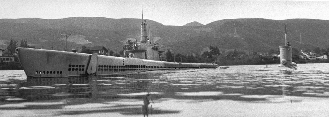 The Bowfin model returns to the dock after a successful cruise at Laguna Lake in 1988. Model makers Scale Effects won a 1989 Emmy for their submarine model built in Oceano.