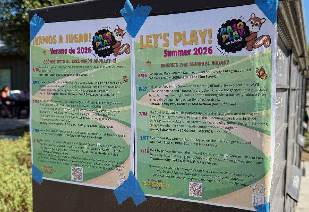 At an event in the Oak Park housing complex on June 26, 2026, Recreation Services posted fliers with upcoming Paso Play on Wheels popup dates.