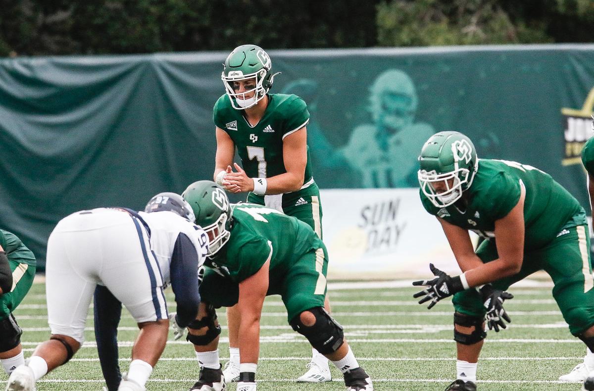 Mustang quarterback Sam Huard claps the snap count. Cal Poly SLO football beats University of San Diego 27-10 in season opener at Cal Poly University’s Mustang Memorial Field in San Luis Obispo, Saturday, September 2, 2023.