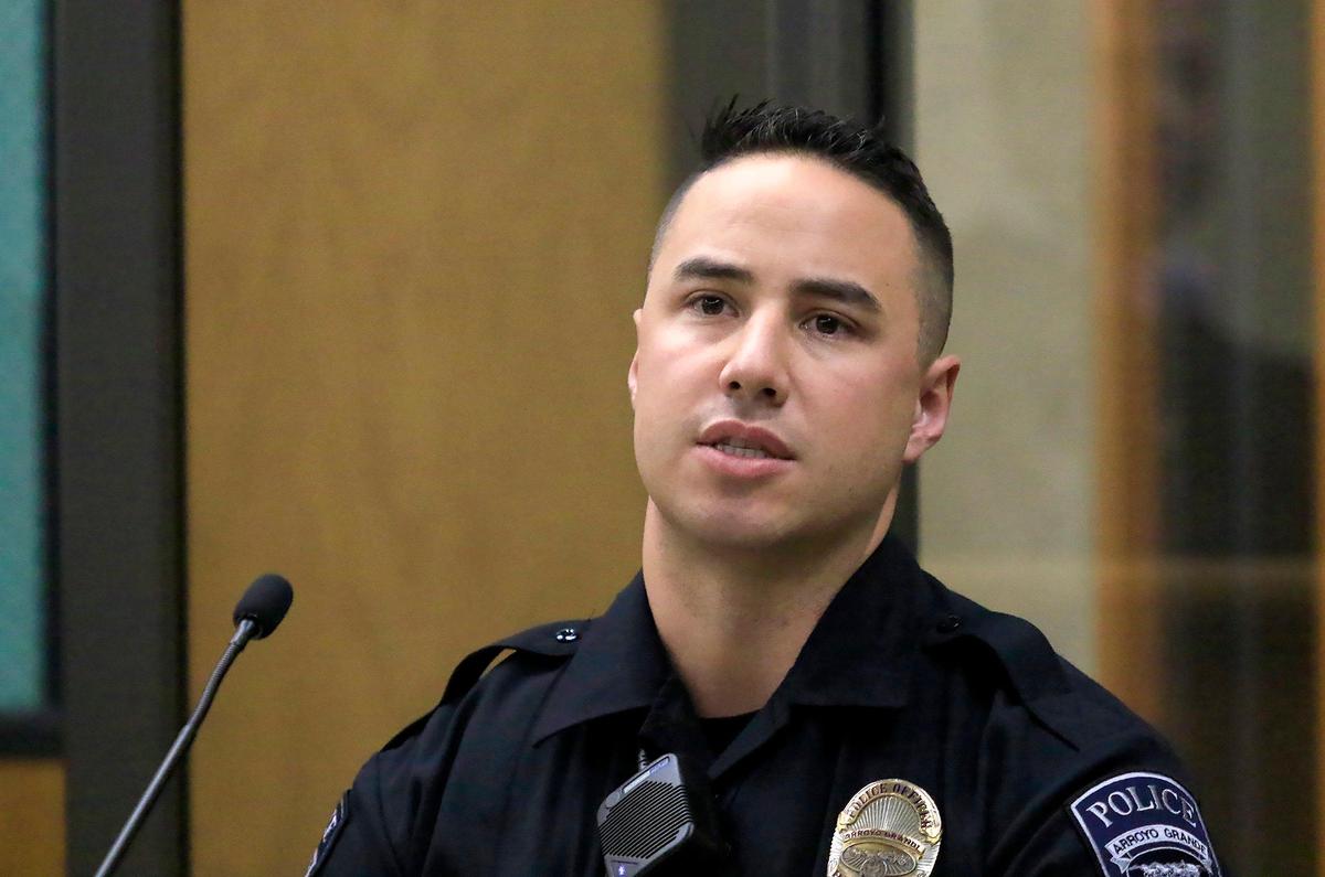 Arroyo Grande police officer Timothy Ramirez answers questions Tuesday, Nov. 19, 2019, during the trial of Jason Lamont Fenwick, a former Lyft driver accused of sexually assaulting a rider in November 2018 after dropping her at a Nipomo home.