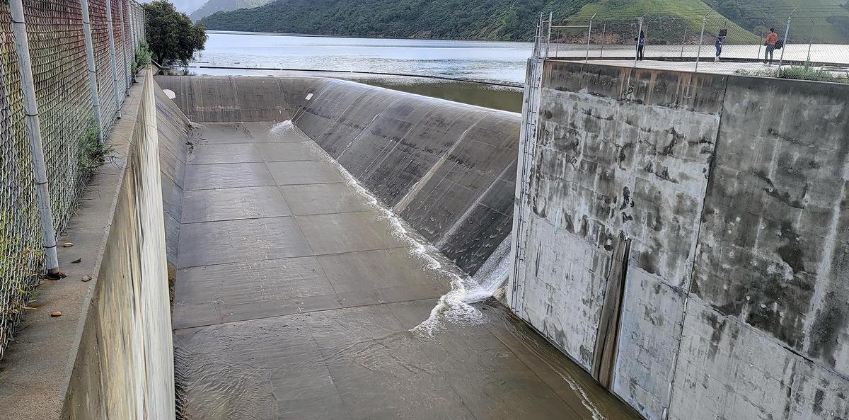 Lopez Lake spills over the chute in the early morning, Thursday, March 23, 2023, for the first time in more than two decades.