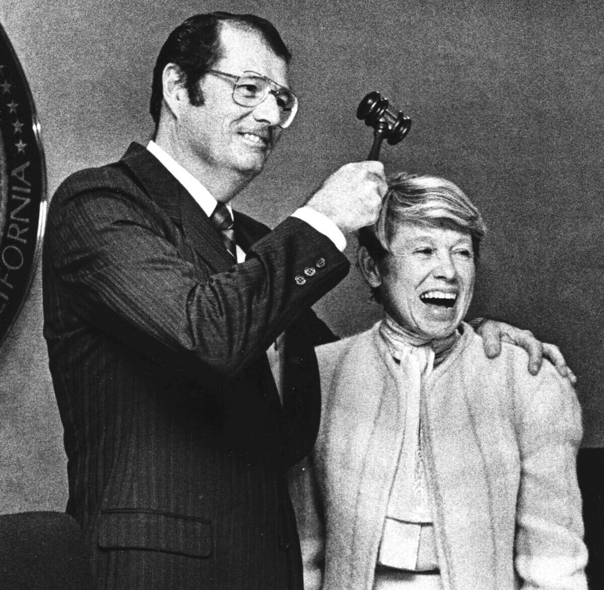 Ruth Brackett was named chairwoman, the first ever for the County of San Luis Obispo Board of Supervisors on Jan. 7, 1986. Outgoing chairman Bill Coy hands over the gavel.