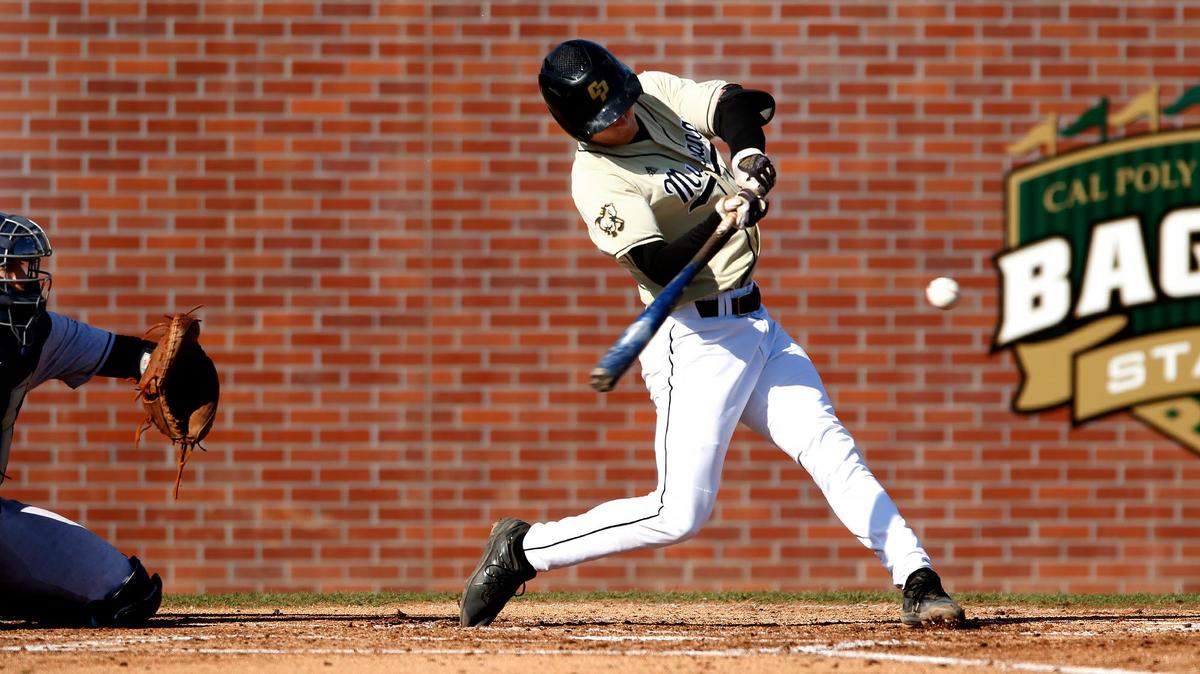 Cal Poly’s Ryan Stafford (7) takes a swing on a pitch in the Mustangs’ 9-7 loss to UC Irvine in a Big West Conference baseball game at Baggett Stadium, San Luis Obispo on March 25, 2023.