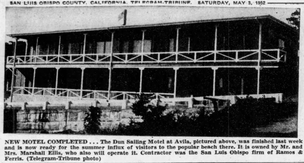 A May 3, 1952, San Luis Obispo Telegram-Tribune article includes a photo of the Dun Sailing Motel in Avila Beach.