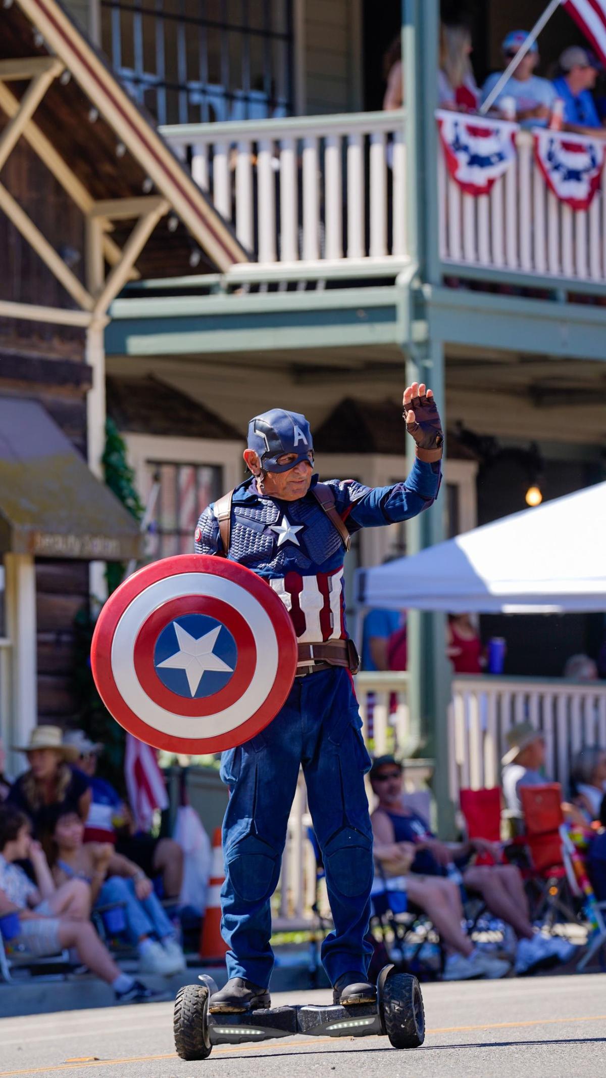 “Friend of Captain America” Richard Smith rides a hoverboard in the Templeton Fourth of July Parade Thursday, July 4, 2024. The parade featured dozens of floats and acts, including classic cars, marching bands and appearances by local law enforcement and fire services.