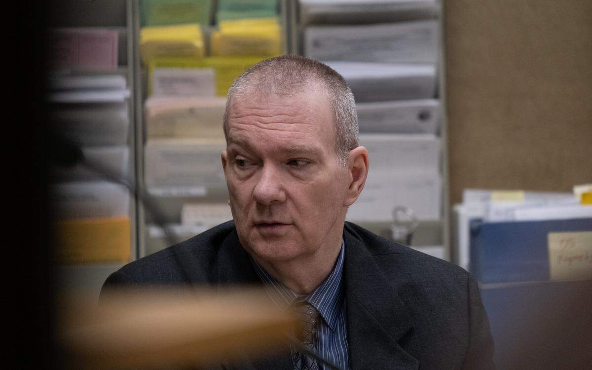 Stephen Arthur Deflaun listens during his murder trial at San Luis Obispo Superior Court on April 10, 2023.