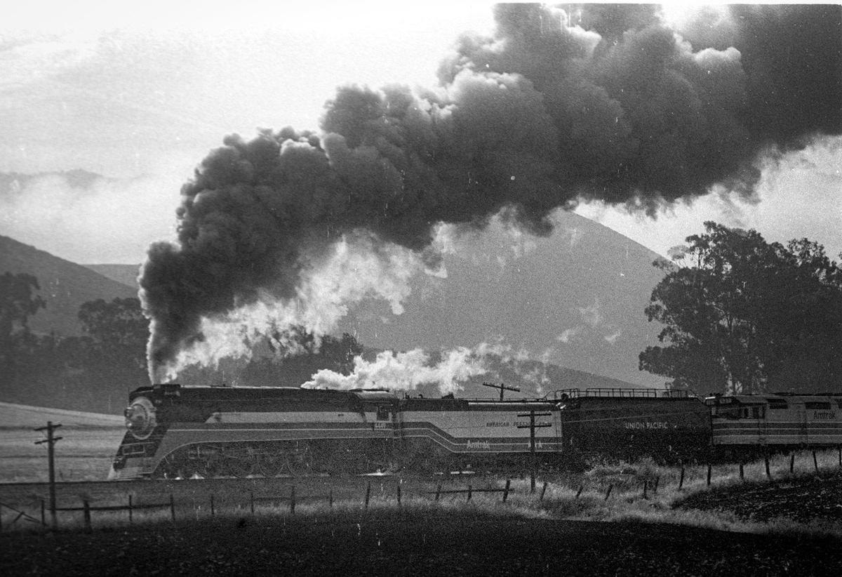 Under a full head of steam, the Pacific Daylight streamlined art deco engine 4449 pulls the Freedom Train for a stop in San Luis Obispo on April 26, 1977.