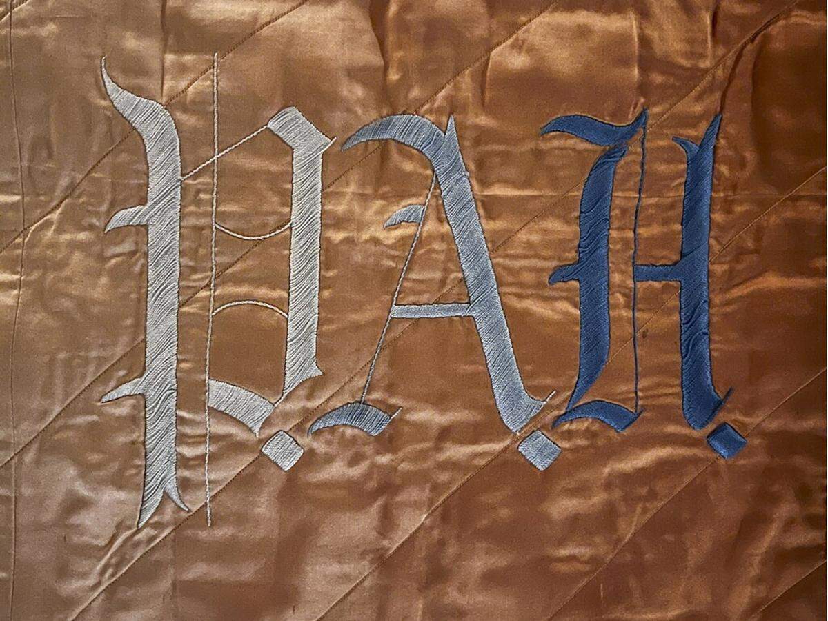According to recently appointed Hearst Castle Museum Director Cara O’Brien, these initials, recently discovered by a conservator on a quilt at Hearst Castle, seem to indicate that the counterpane was either made for or by Phoebe Apperson Hearst, mother of Castle founder William Randolph Hearst