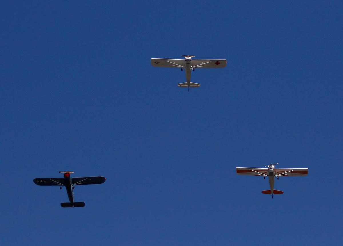 The Estrella Warbirds did a flyover for the Pinedorado Day parade in Cambria. Upon return to Paso Robles, they flew East over the East/West taxiway in a three-ship formation and do the missing man salute in honor of Sherm Smoot, according to the museum’s Facebook page.