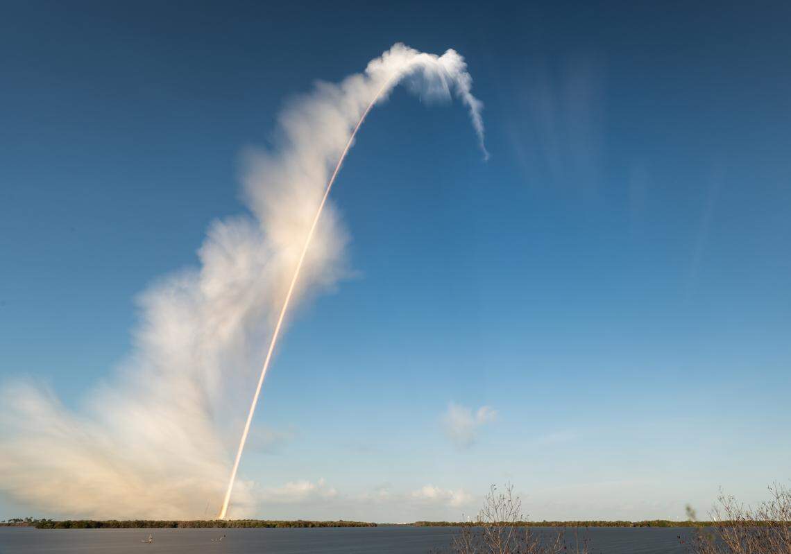 In this three-minute exposure, NASA’s Space Launch System rocket carrying the Orion spacecraft with NASA astronauts Reid Wiseman, commander; Victor Glover, pilot; Christina Koch, mission specialist; and CSA (Canadian Space Agency) astronaut Jeremy Hansen, mission specialist onboard launches on the Artemis II mission, Wednesday, April 1, 2026, from Launch Complex 39B at NASA’s Kennedy Space Center in Florida.