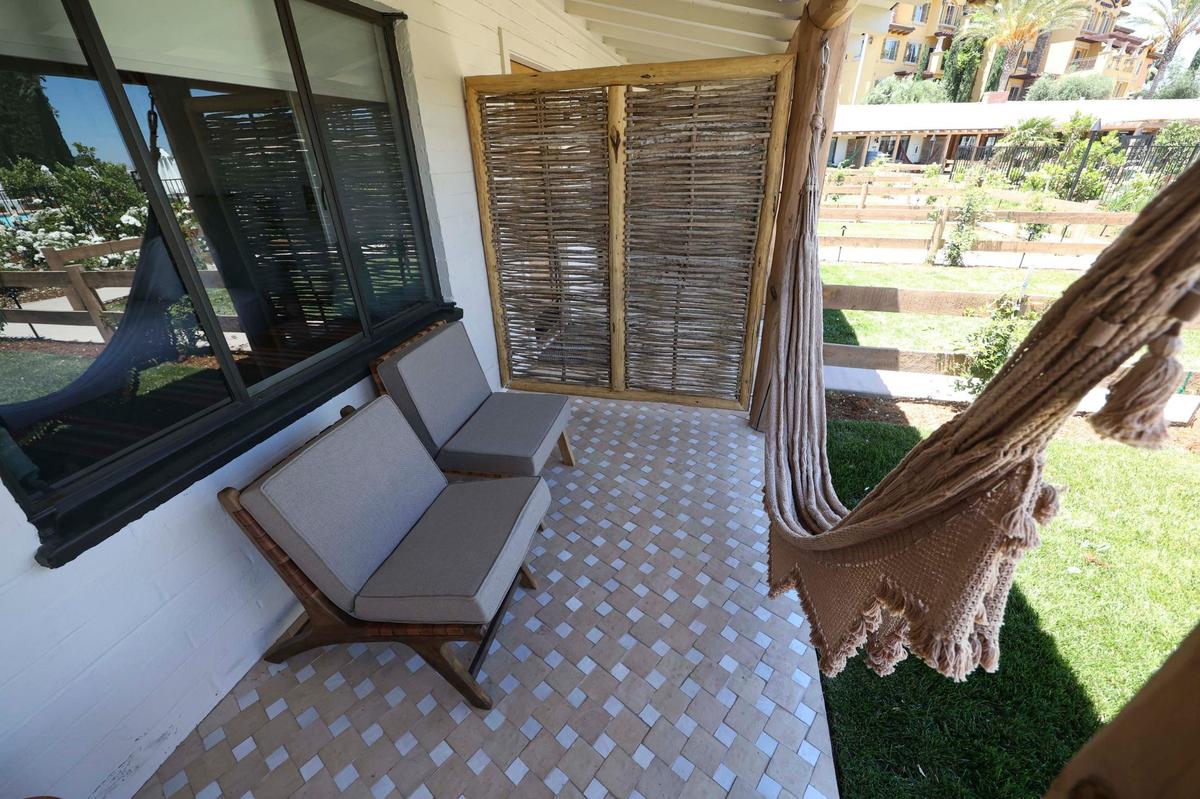 Each room at the newly renovated River Lodge in Paso Robles has a patio and hammock. Car parking has been moved to the outer perimeter. Seen in these photos June 7, 2024.