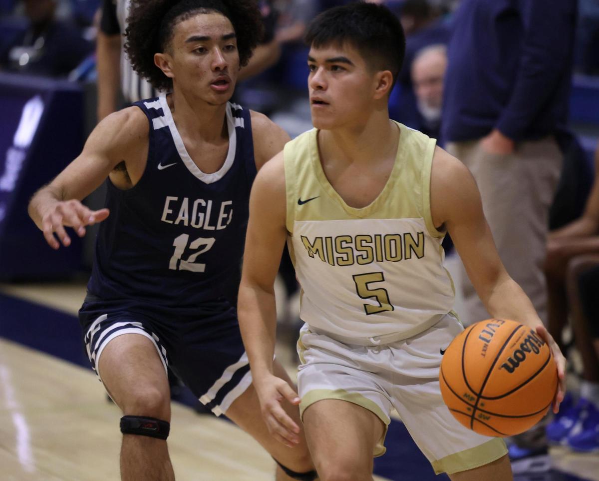 Ethan Orozco dribbles as Gavin Marin defends as Arroyo Grande boys basketball beat Mission Prep 50-44 on Jan. 12, 2024.