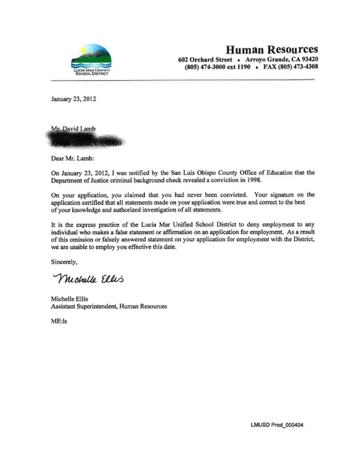 A January 2012 letter denying employment to David Lamb, who was later hired at the Lucia Mar Unified School District as a bus driver. Lamb was convicted in 2018 of molesting a special needs student.