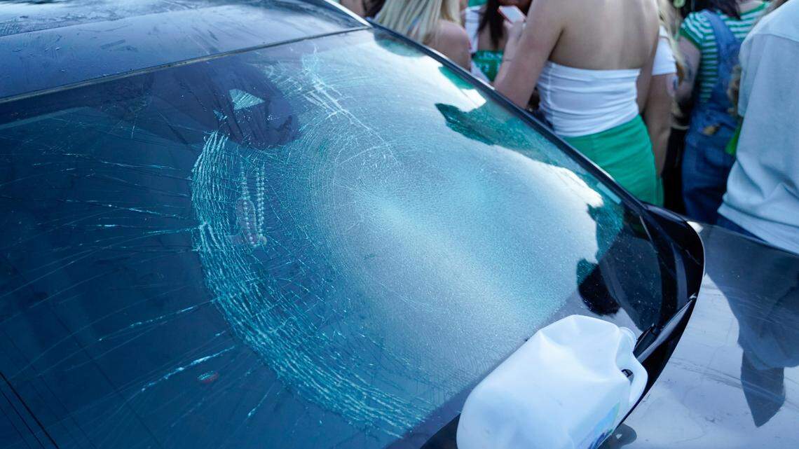 A car window was broken during the St. Fratty’s Day festivities on Hathway Avenue near the university on March 16, 2024. A San Luis Obispo Police Department officer at the scene of the St. Patrick’s Day party estimated between 6,000 and 7,000 people in attendance.