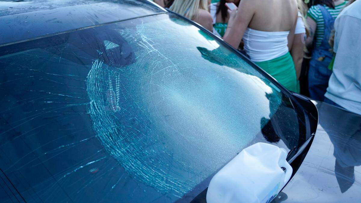 A car window was broken during the St. Fratty’s Day festivities on Hathway Avenue near the university on March 16, 2024. A San Luis Obispo Police Department officer at the scene of the party estimated between 6,000 and 7,000 people in attendance.