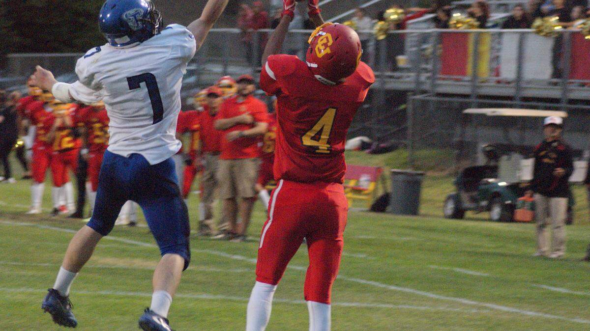 Coast Union High School sophomore receiver Cristian Castillo has become a favorite target of quarterback Emany Plasencia. Here, he catches a pass against Trona High School on Friday night Sept. 21.