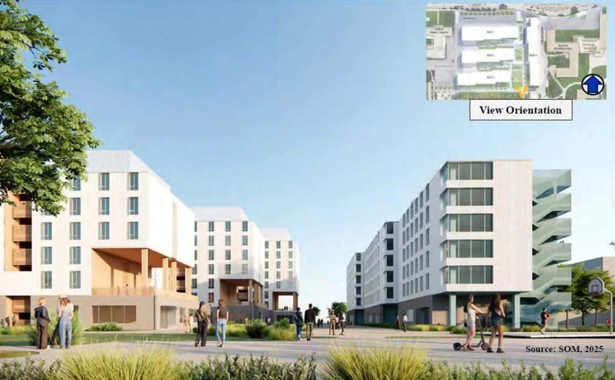 A rendering showing the UC Santa Barbara East Campus housing project looking north, with three new buildings on the left and one on the right.