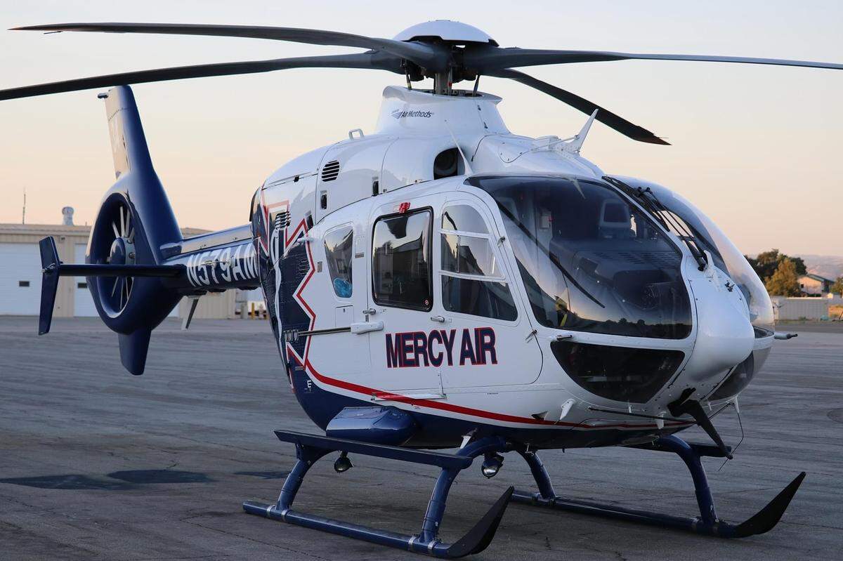 A Mercy Air helicopter sits at its Paso Robles Air Methods air base. Air Methods announced that Mercy Air’s emergency helicopter service will end on Nov. 4, 2025, in San Luis Obispo County.