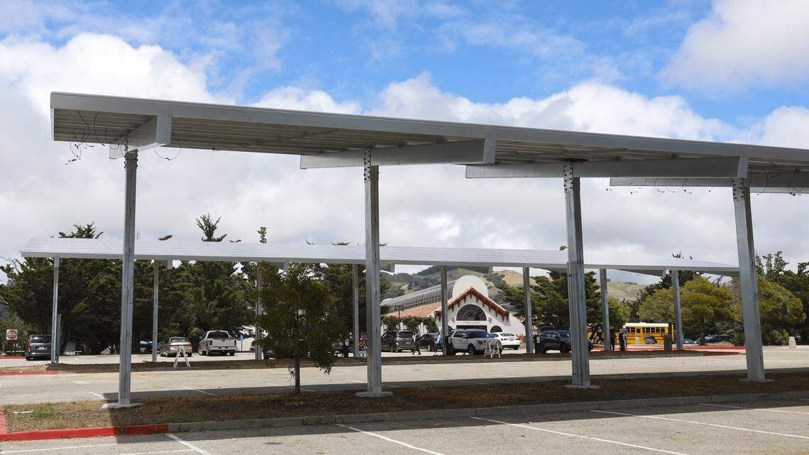 Solar panels are being installed at the Hearst Castle Visitor’s Center parking lot.