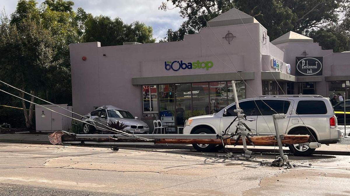 A downed power pole near The Boba Stop in San Luis Obispo.