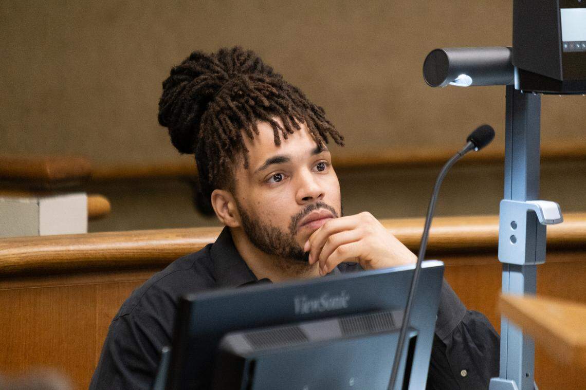 Tremaine Jones listens to opening statements during the trial against him and his co-defendants, Joshua Murphy and Heather Hunt, in San Luis Obispo Superior Court on June 17, 2025. Jones, Murphy and Hunt are accused of conspiring together and sex trafficking a 15-year-old girl. 