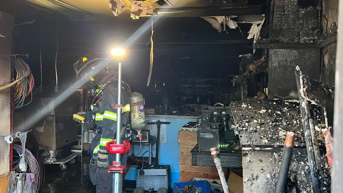 A fire damaged CCH Pools on South Street in San Luis Obispo on Saturday, Oct. 28, 2023. Two cats died in the fire, but no people were injured.
