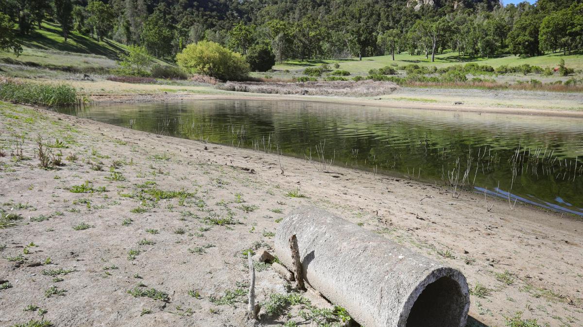 Falling water levels expose the pipes used as fish habitat at Santa Margarita Lake on April 27, 2021. The lake was at 69.3% capacity, compared to 89.1% at the same time in 2020.