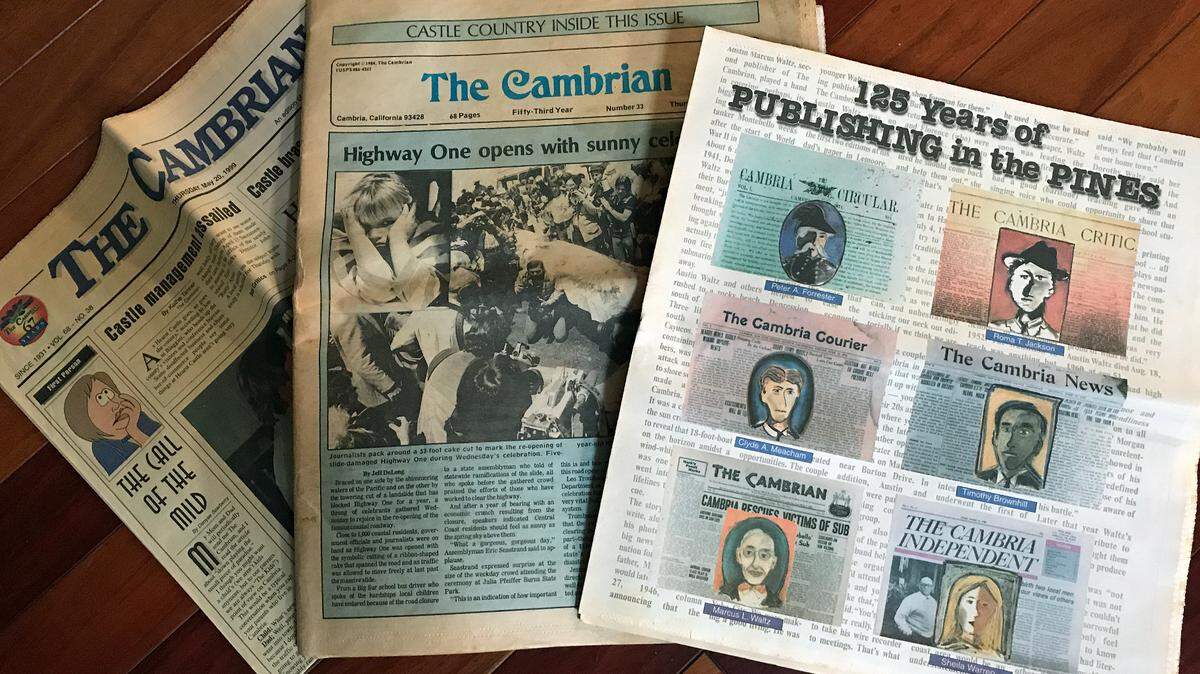 These are just some of the decades’ worth of Cambria newspapers that are now in hands of the Cambria Historical Society, which is in the process of digitizing them all to make them more accessible to the public. The newspaper supplement on the right, the 12-page ’125 Years of Publishing in the Pines,” is retrospective about Cambria newspapers published in 1996. The supplement was researched, written and designed by Jay Thompson, a former editor of The Cambrian.