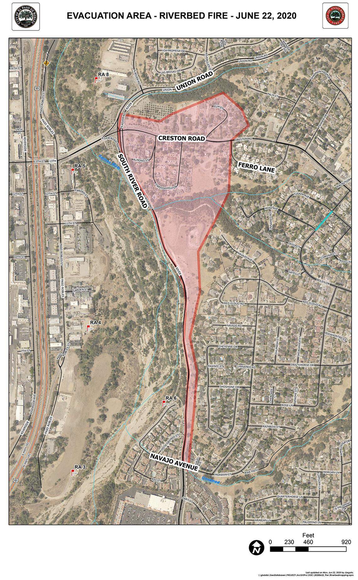 A map shows the remaining evacuation area for the River Fire, as of 7 p.m. Monday.