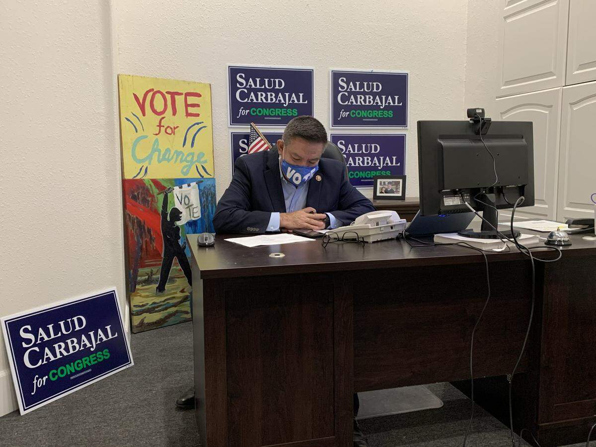 U.S. Rep. Salud Carbajal speaks to constituents from his Santa Barbara office on election night, Nov. 3, 2020.