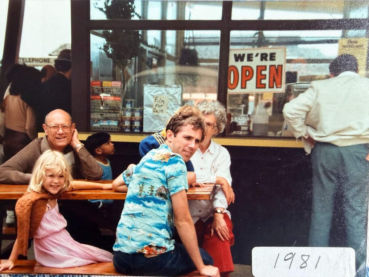 Ragged Point Inn owners Wiley Ramey Sr., left, and wife Mildred Ramey, sit at a picnic table in 1981, with youngsters Murielle Ramey (Adair) and Wiley Ramey Jr., all in front of original snack bar built by the Ramey family. They bought the scenic blufftop location overlooking the Pacific in 1962 and proceeded to create an iconic resort there.