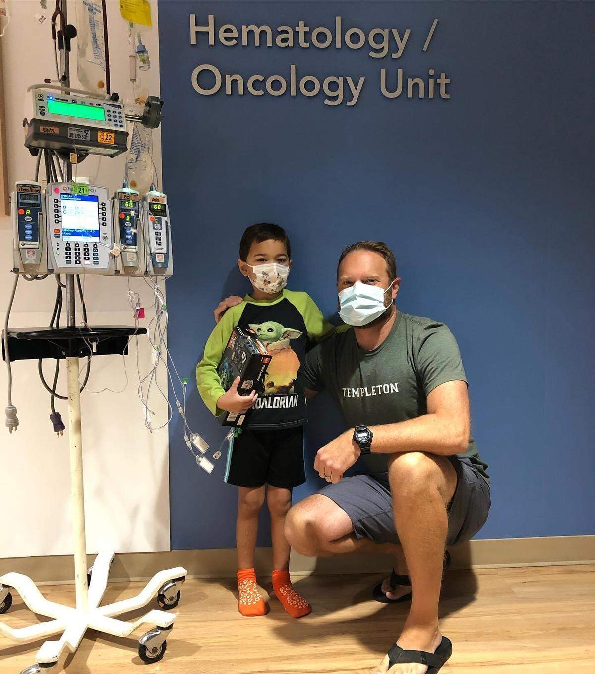 Mason Watson, 6, of Templeton has begun what will likely be three years of treatment for leukemia. He has the support of his dad, Patrick Watson, right, as well as his mom, Janice, and his sister, Phoebe.